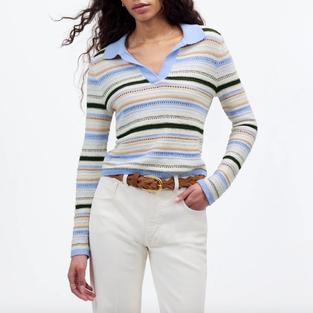 Madewell Pale Blue, Olive & Cream Striped Knit Polo
